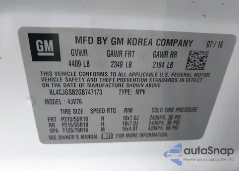 2016 Buick Encore Leather из США, поврежденный, VIN KL4CJGSB2GB747173